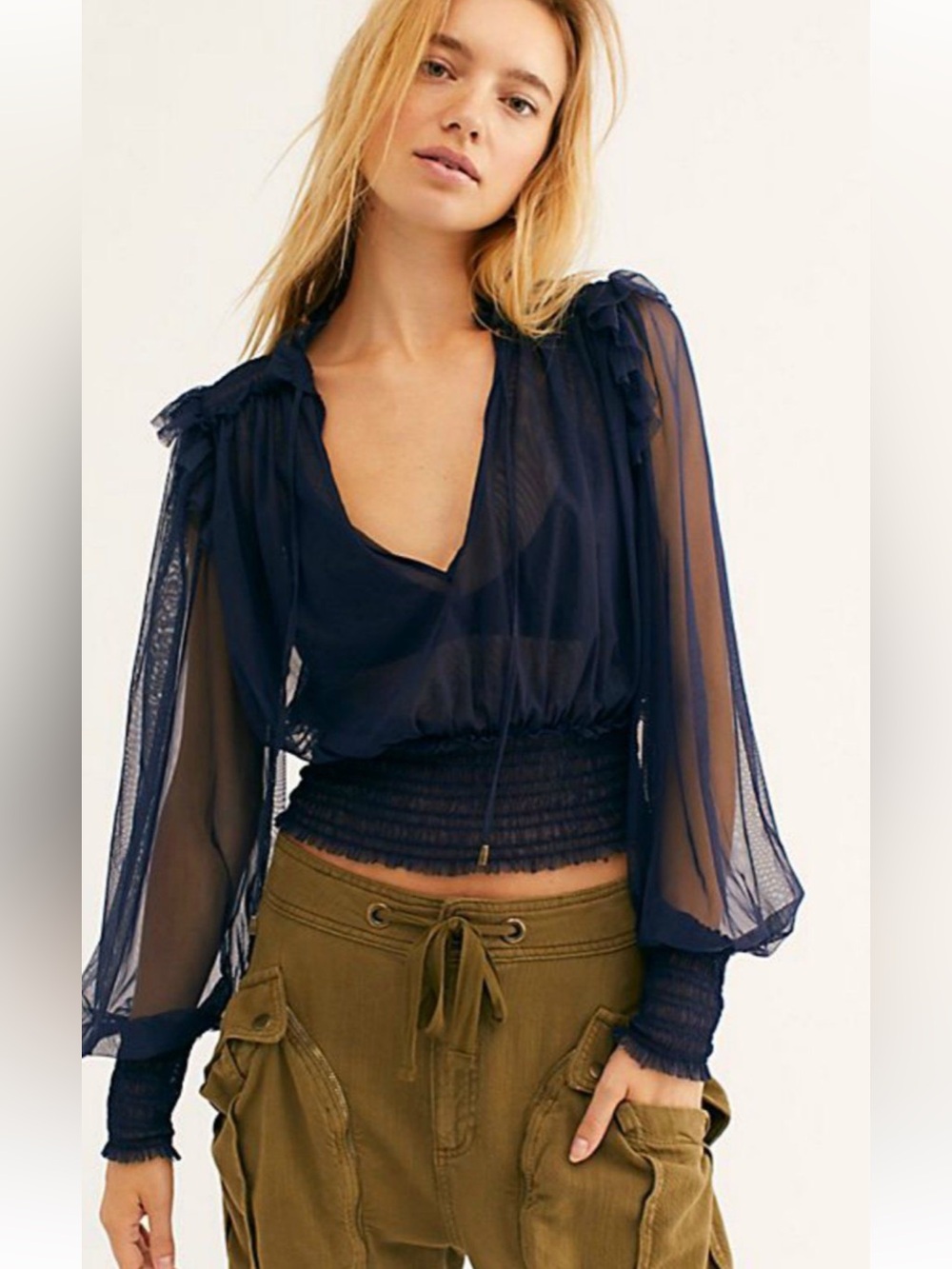 Free People Indigo Sheer mesh Smocked Waist cropped Blouse ruffle small